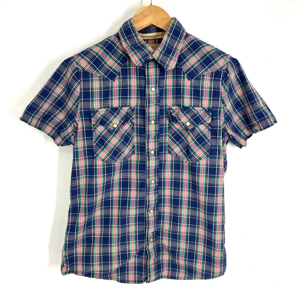 Vtg Y2K Hollister Mens SS Western Pearl Snap Plaid Shirt Navy Pink Green L